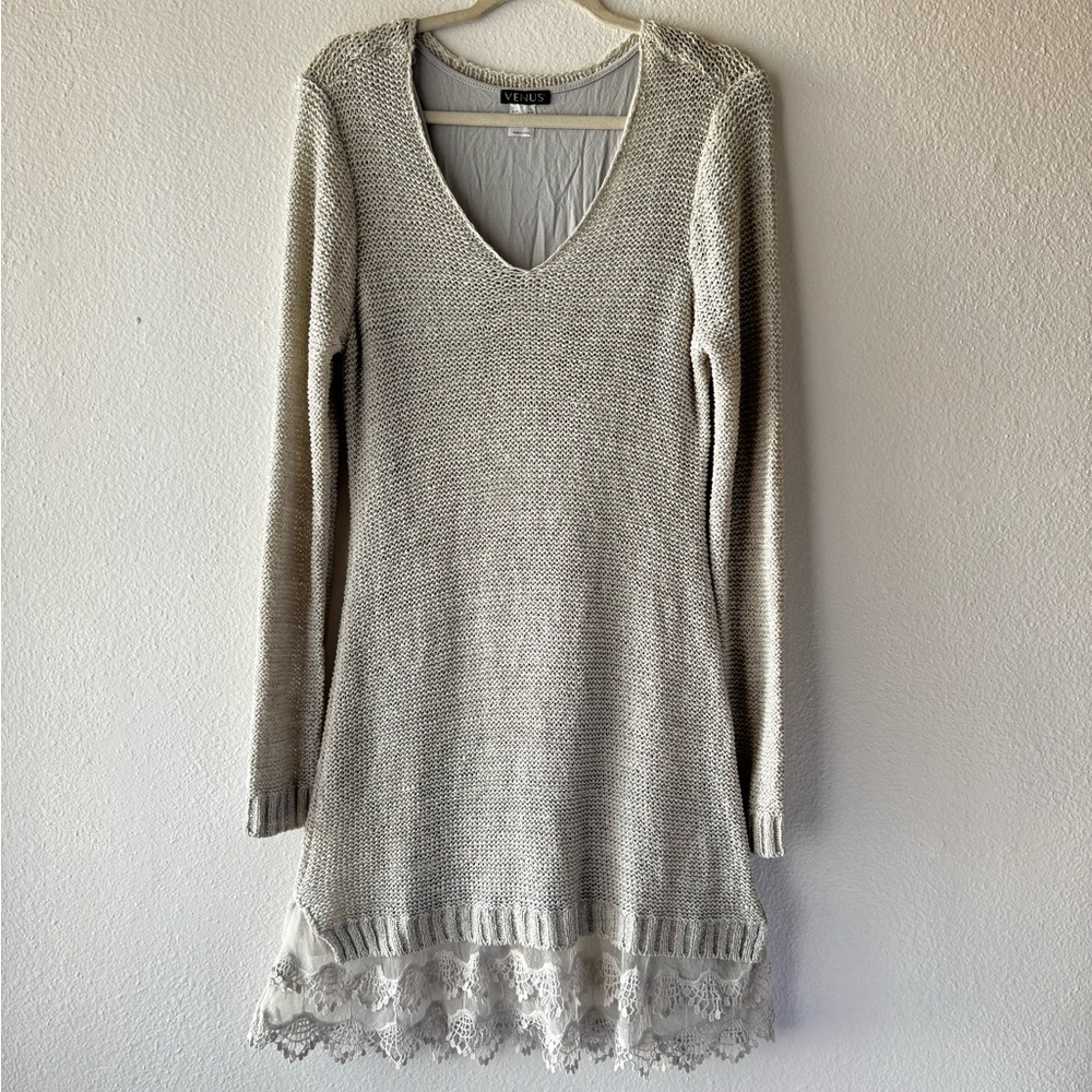 Vince Cream Knit Dress with Lace Detail